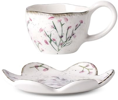 Keramik Kaffeetassen und Untertassen Set, 280ml Tassen Set, Weiß Lavendel | Vintage-Design, Porzellan mit Blumenmuster, Cappuccino Tassen Set, Espressotasse Set Teeservice Geschenk Becher Set