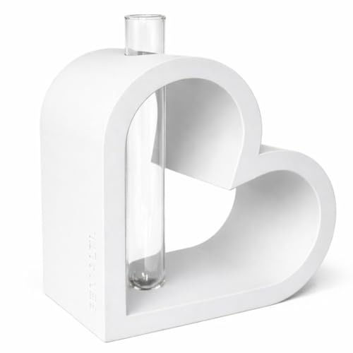 SEMALTI Herz-Vase mit Reagenzglas – Minimalistische Moderne Deko (Weiß) | inkl. Gläschen für Blumen oder Duftöl, modernes Design, Geschenk für Hochzeit, Geburtstag, Valentinstag, Muttertag