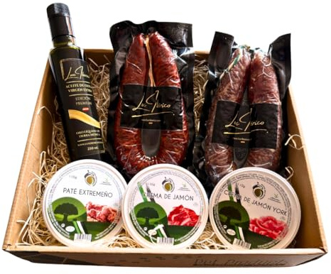 Cesta Regalo Galileo - Embutidos, Patés Extremeños y Aceite de Oliva | Chorizo y salchichón ibérico, tres patés extremeños y aceite de oliva virgen extra. Aperitivo variado listo para regalar.