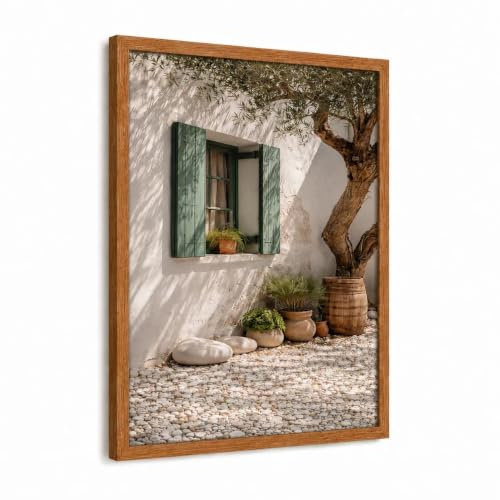 Elvynln Framed Canvas Wall Art 12x16 Inch, Mediterranean Olive Tree Window Print, Pictures for Living Room, Wall Art for Bedroom Home Office, HD Waterproof Print with Walnut Colour Frame