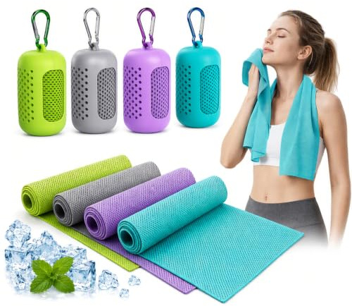 EHIOG Kühlendes Handtuch 4er Set, Sporthandtuch aus Mikrofaser, Schnelltrocknend Cooling Towel mit Silikonhülle, Fitness Handtuch Gym Towel für Yoga Fitness Outdoor Laufen 30x90 cm-A