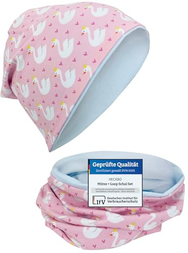 HECKBO Mädchen Beanie & Halstuch Set - Schwan Herzen - One Size: 2-8 Jahre - Ganzjährig - 95% Baumwolle - Mütze Rosa Pink (48–54 cm)