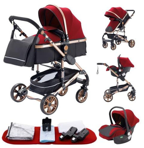 YAZOCO 3 in 1 Kinderwagen Kombikinderwagen komplettset Zusammenklappbar baby kinderwagen incl Babywanne & Buggy Sportsitz & Fußsack & Moskitonetze (Rot)