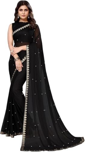 IMTRA FASHION Sari para mujer de georgette de seda con bordado. Sari y blusa no cosida, Negro , L