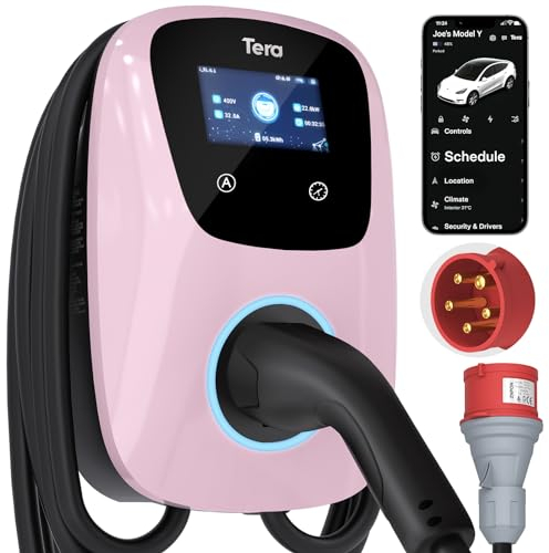 Tera EV Ladegerät Smart APP: 32A Typ 2 22kW oder 11kW Heim Ladestation 400V CE & TÜV Wallbox 7m Ladekabel mit Ladegerätehalter App-Steuerung CEE 3-Phasen Stecker für Alle EVs und PHEVs W01 Hellrosa