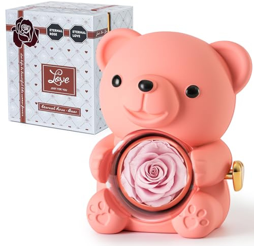 Ariceleo Pink Teddy Bear with Preserved Rose, Real Rose Flower in Bear, Elegant Gift Box, Heart-Shaped Necklace, Unique Gift for Valentine's Day, Mother's Day, Wedding, Anniversary, Bridal Showers