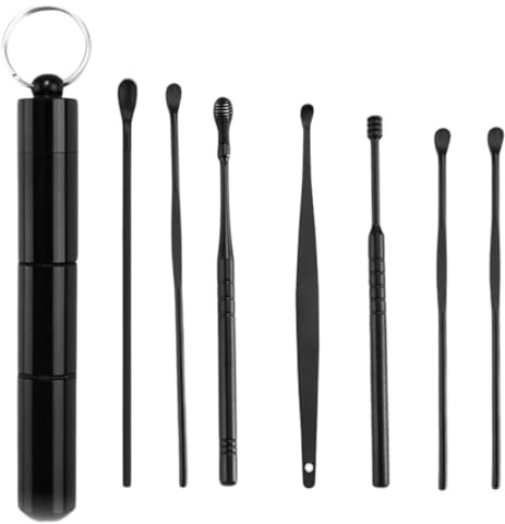 SGERUFZ 7 en 1 Limpiador de Oídos Médico de Acero Inoxidable con Estuche de Almacenamiento, Removedor de Cera para Niños, Adolescentes y Adultos (Negro)