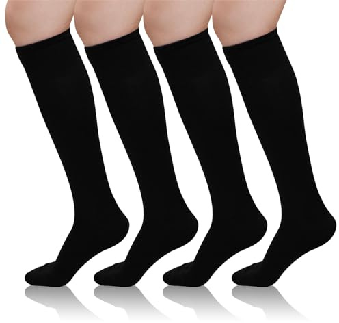 LOFIR Women Knee High Socks: Long Stockings Breathable Combed Cotton Seamless Over Calf Casual Plain for Office Travel Everyday Wear 4 Pairs UK Size 5.5-7.5 Black