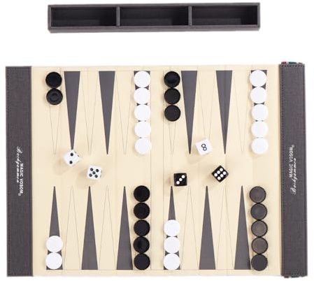 Nzkeuf Backgammon Set, Portable Folding Backgammon Travel Set or Adults, Roll-Up Leather with Chess, Checkers and Storage Pouch, Tactical Board Game Ideal for Travel & Family Game (Grey)