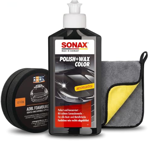 Quentus Group Politur-Set für SONAX Autopolitur Schwarz 250 ml – Applikationsschwamm und Mikrofasertuch, Auto Politur gegen Kratzer für dunkle Lacke