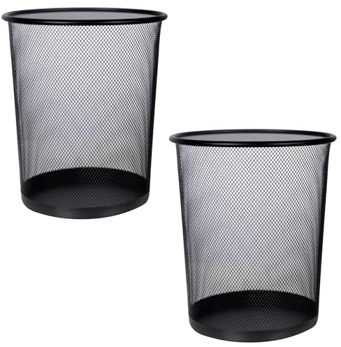 Set of 2 Black Bin Waste Basket - Wire Mesh Trash Bin for The Office, Bedroom, Bathroom, Lounge, University Dorm Rooms - Modern & Space-Saving Baskets & Bins with Solid & Stable Base, Heavy Duty Metal