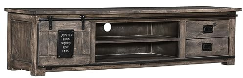 MASSIVMOEBEL24.DE|Railway TV-Board aus Massivholz #236 | aus Mangoholz - Grau, lackiert | mit Schiebtür | 200x55x50 cm | 2 Schubladen - 4 Regalfächer | Lowboard