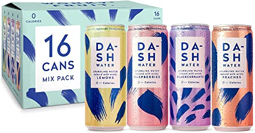 DASH Water Mixed Pack x 16 – Flavoured Sparkling Spring Water – Raspberry, Lime, Grapefruit, Peach – Infused with Wonky Fruit (16 x 330ml cans)