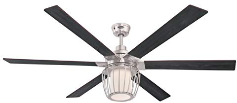 153 cm Deckenventilator Willa von Westinghouse Lighting mit Beleuchtung und Fernbedienung, Ausführung in gebürstetem Nickel, inkl. dimmbare LED-Leuchte mit Milchglas und käfigförmigem Lampenschirm