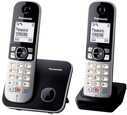 Panasonic KX-TG6852JTB Telefono Cordless Digitale, Unità Base e 2 Ricevitori, ID Chiamante, Blocco Chiamate Indesiderate, Suoneria Categoria, Display LCD, Tastiera Illuminata, Nero