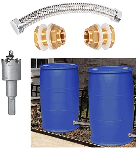 Hose Bulkhead Fitting Rain Barrel Water Tank Connector Fittings Bulk Head Connection Rain Barrel Kit Double Sided Hose Connector with Hole Opener (3/4 Male+pipe+hole saw)
