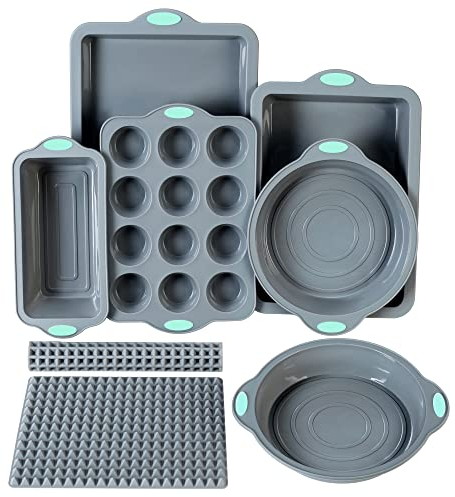 To encounter 8 in 1 Silicone Baking Set - 6 Silicone Molds - 2 Baking Mat, Nonstick Cookie Sheet, Cake Muffin Bread Pan with Metal Reinforced Frame More Strength, Light Grey