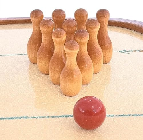 BIRCH TREE ALLEY Wooden Shuffleboard Bowling Pin Set with Red Ball – 10-Piece Mini Bowling Pins, Solid Wood Tabletop Game Accessory, 3.8 Tall Pins for Adults and Teens