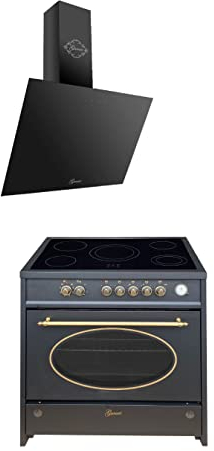 GURARI Herdset GCH E 912 BL r + GCH D 286 BL 9 Prime, Retro Standherd 90 cm, Range Coocker, 121 L, Schwarz + Dunstabzugshaube, Wandhaube 90 cm, Schwarz, Abluft/Umluft, Kopffrei Haube
