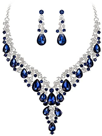 Clearine Hochzeit Schmuck-Set Tropfen Strass Cluster Statement Halskette und Ohrhänger-Set Kostümschmuck für Damen Klar Silber-Ton
