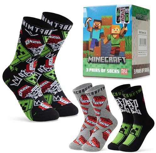 Minecraft Creeper Kinder Socken Set für Jungen (Schwarz/Grau, 31-36)