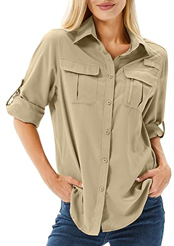 yeyity Camicia da donna UPF 50+, protezione UV, a maniche lunghe, da donna, ad asciugatura rapida, per l'estate, per l'escursionismo, Khaki5071, L