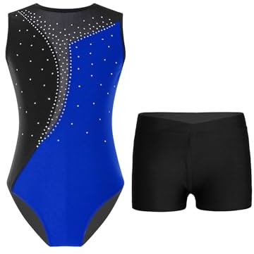 TTAO Kinder Mädchen Ärmellos Gymnastikanzug Mit Strassstein Training Leotard Mit Shorts Turn Set Glitzernde Gymnastik Training Dancewear Gymnastikbody 6-16 Jahre Königsblau & Schwarz 146-152