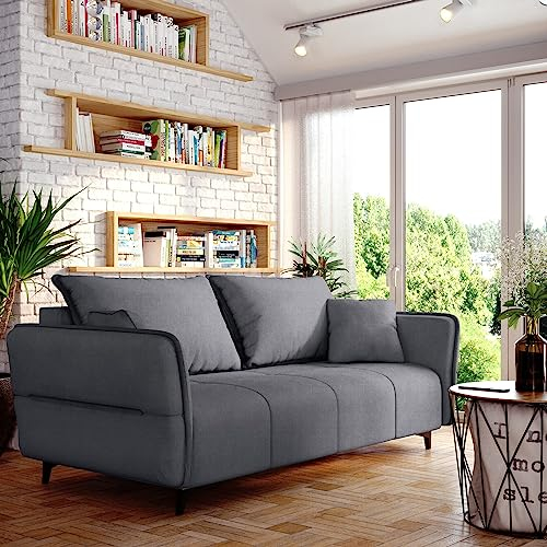 Sofa Isabell mit Bettkasten Schlafsofa Polstersofa mit Schlaffunktion Klappsofa Couch mit Schwarzen Füßen Sofagarnitur Wohnzimmer Gastzimmer (Sofa, Grau)