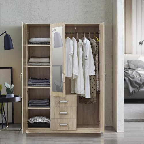 [en.casa] Kleiderschrank Bodolz Schrank mit 3 Türen Garderobenschrank mit Spiegel 176 x 120 x 52 cm Schlafzimmerschrank 1 Kleiderstange 3 Schubladen 5 Fächer Sonoma-Eiche