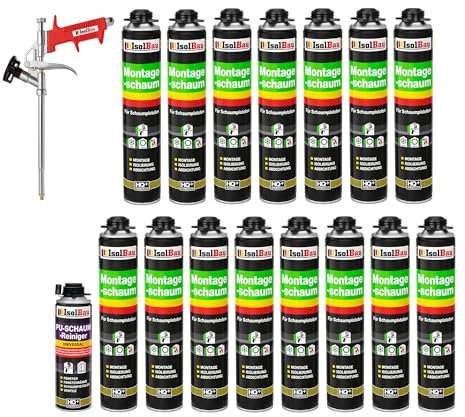 Isolbau Kit de mousse de construction - Comprend 15 x mousse de montage B2 1K avec un excellent son et une isolation thermique (750 ml chacune), 1 nettoyant pour mousse PU (500 ml) et 1 pistolet à