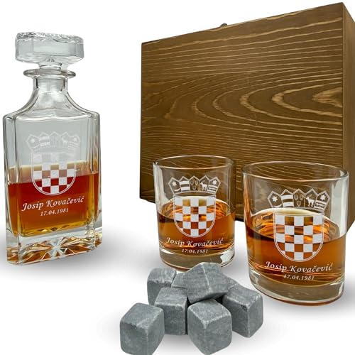 Whisky Set mit Gravur Kroatien personalisiert Karaffe 700 ml und Gläser graviert Hrvatska Croatia Wappen Flagge Geschenkbox (Box mit 1 Karaffe, 2 Gläsern und 8 Whisky-Steinen)