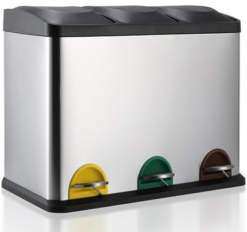 LIFERUN Pattumiera a pedale con 3 scomparti, 3 x 15 l, 45 litri, in acciaio inox, con coperchio, 3 secchi interni rimovibili, colore: argento
