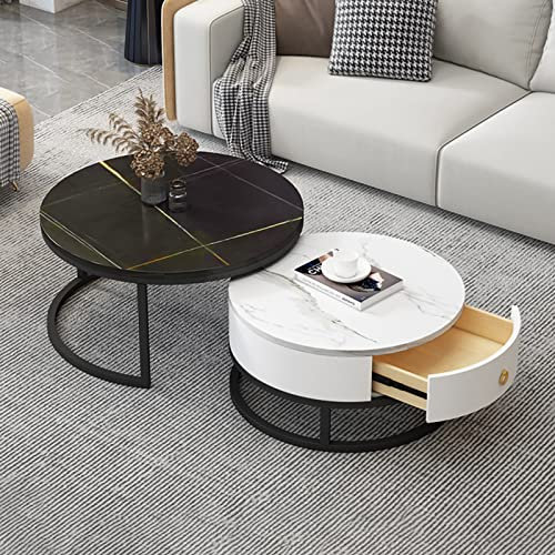 Runde Couchtische aus Marmor mit Schubladenaufbewahrung und Metallrahmen, 2er-Set, Wohnzimmer und Schlafzimmer, multifunktionale Möbel