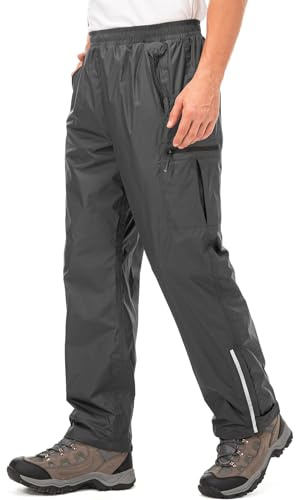 Mens Waterproof Trousers Lightweight Breathable Rain Overtrousers Mesh Lining Bottoms Outdoor Windproof Over Rain Pants for Walking Cycling Hiking Fishing Black