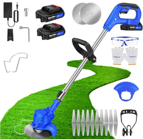 Qimu Akku Rasentrimmer 21V Elektrischer Rasentrimmer Elektro-Trimmer Elektrische Motorsense mit 2X1.5Ah Akku & Metall Messer, Akku Freischneider Gartenkantenfräser mit Klingen für Rasen Garten, Hof