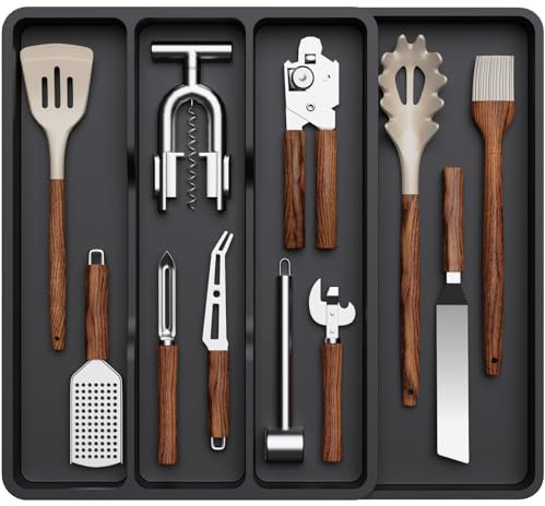 Lifewit Utensil Drawer Organiser, Expandable Cutlery Tray for Kitchen, Adjustable Cooking Silverware Flatware Holder, Plastic Kitchen Spatula Tools and Gadgets Storage Divider, 4 Compartments Black