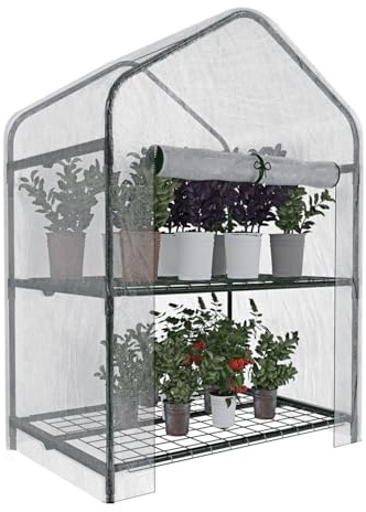 BRICOZONE Serra Da Giardino Per Orto A 2 Ripiani Telo In PVC Trasparente Telaio In Acciaio Verniciato Porta Avvolgibile Apertura A Cerniera Protezione Piante Giardinaggio (2 Ripiani)