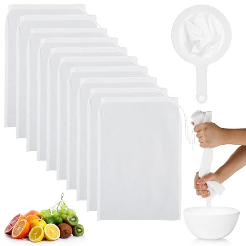 Qaestuan 10 Piezas Bolsa de Leche de Nuez, 20 x 30cm Filtro Leche Vegetal de Nailon, Reutilizable Bolsa de Colador Reutilizable, para Bebida Vegetal, Zumos de Frutas Verduras, Leche Vegetal