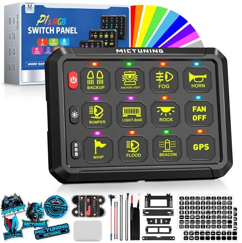 MICTUNING Pannello interruttori P1s RGB da 12 pollici a 12 gang, interruttore a levetta multifunzione ad alta potenza a 5 livelli di luminosità, interruttore a levetta momentaneo di controllo del