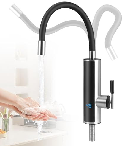 Wasserhahn mit Durchlauferhitzer Küche, 3000W Elektrischer Heizung Wasserhahn, Sofort Warm Küchenarmatur mit LCD Temperaturanzeige, 360º Drehbarer Silikonschlauchhahn, 304 Edelstahlgehäuse