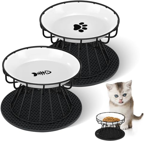Mexgcom Erhöhte Katzenschüssel, Set mit 2 Keramiken mit Silikonschale und Metallständer, Katzennapf Schutz des Nackens, Insekten für Katzen zur Beschichtung von Wasser, Schwarz