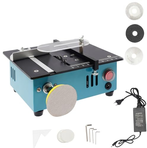 Mini Tischkreissäge mit Schleiffunktion Minitischkreissägen 5000 U/min für Holz Metall PVC - Kompakte CNC-Präzisionssäge mit 4 Klingen & 90° Schneidwinkel für Heimwerker (Schwarz/Blau)