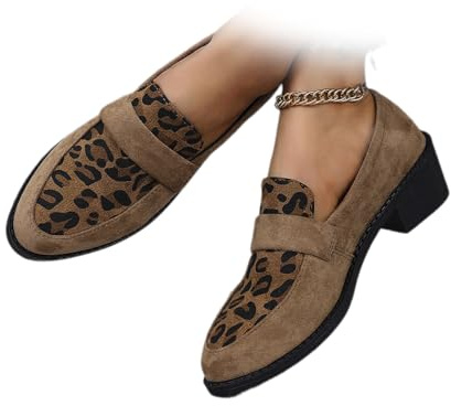 Mocassins à talon bloc en daim imprimé léopard pour femme, style rétro, élégant, à bout pointu, classique à enfiler, coupe large, chaussures habillées à talon bas pour femme, kaki, 43 EU