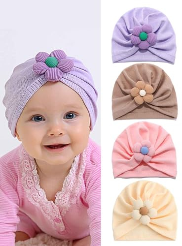 IYOU 4 Stück Baby Turban Mütze Rosa Blume Nylon Kopfbedeckung Weiche Atmungsaktive Beanie Mütze für Kleinkinder und Mädchen
