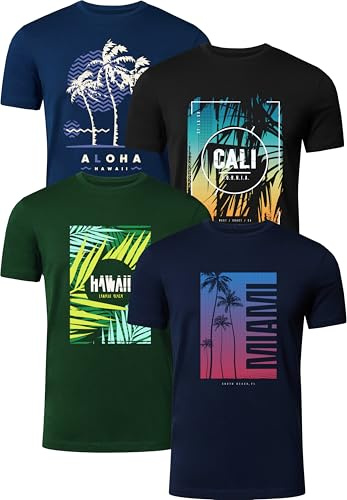 FULL TIME SPORTS Pack de 4 Camisetas Estampadas Hombre, Manga Corta, 100% Algodón, PRINT-003