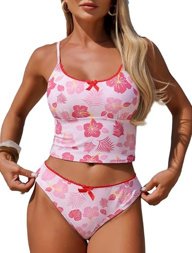 ZAFUL Womens Tankini Swimsuits Tummy Control High Cut Bow Decor Bathing Suits Two Piece Bikini Sets