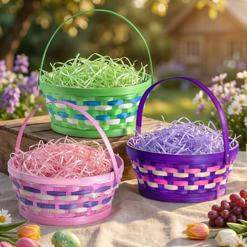 Lanpn Easter Basket 3 Pcs Handmade Natural Bamboo Woven Baskets with Raffia Grass Fillers Pink Purple Green for Children and Adults Egg Hunts Sweets Gifts Picnic Use Easter Décor