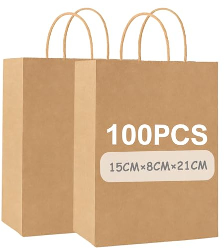 Gaoyong 100 Bolsas Papel Kraft 15x8x21cm, Marrones Bolsas de Papel Pequeñas con Asa,Tamaño Pequeño Para Embalaje para Regalos, Compras, Navidad, Cumpleaños, Bodas y Fiestas (130 g/m²)