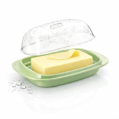 Berossi Butterdose Kunststoff mit Deckel für 250g Butter – Kühlschrank Butterbehälter Spülmaschinengeeignet, Sichtdeckel mit Blumendekor & Griff | Butterglocke Käsedose
