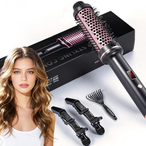 Brosse Chauffante Céramique, 38 mm Thermal Brush 3 in 1, LCD 100-210 °C,Lissage, Boucles Souples, Volume, Design Ionique Anti-Frisottis,5 Réglages de Température,Chauffage Rapide (Style 3)